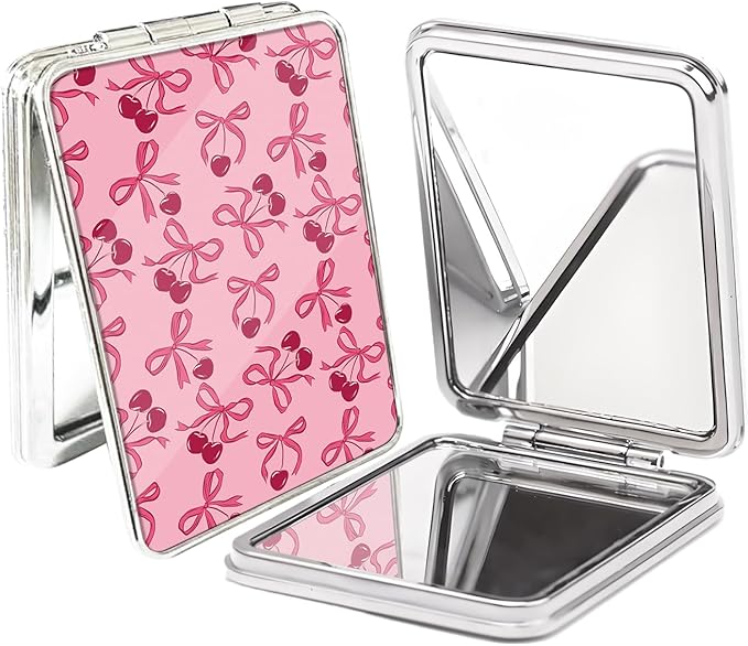 Compact Pocket Mirror, Cute Travel Mini Mirror with Magnification, Foldable Double-Sided Portable Cosmetic Mirror for Men, Women Pink Cherry Bow