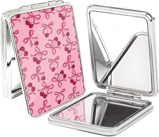 Compact Pocket Mirror, Cute Travel Mini Mirror with Magnification, Foldable Double-Sided Portable Cosmetic Mirror for Men, Women Pink Cherry Bow