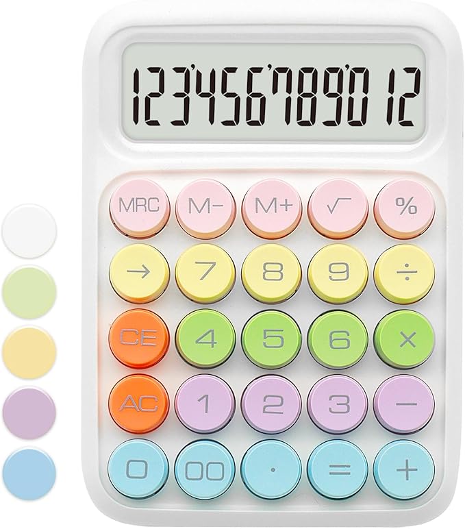 Standard Calculator - Colorful White with 12 Digit Display and Big Buttons, Cute Office and School Accessory
