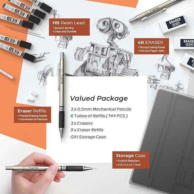 Nicpro 0.5 mm Mechanical Pencil Set, 3PCS HD1000 Art Mechanical Pencils 0.5 With 6 Tube HB Lead Refills, Eraser, Weatherproof Barrel Lead Pencil for Outdoor Writing Drafting Drawing Sketching