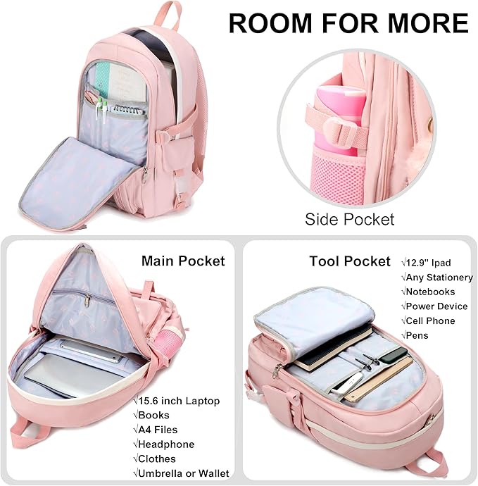 Backpacks for Girls,Laptop Backpack 15.6 Inch School Bag Cute College Large Bookbags Travel for Teens Women Students Anti Theft Daypack (Pink)