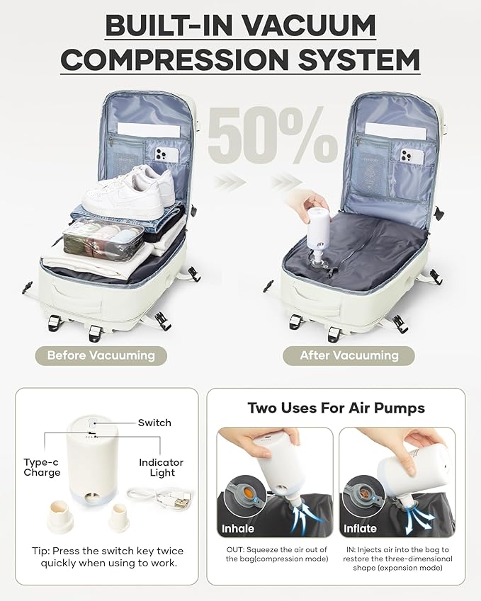 coofay Vacuum Backpack Travel with Pump Vacpack Travel Backpack with Vacuum System Compression Backpacks