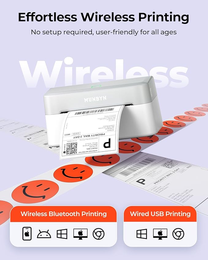 MUNBYN Bluetooth Thermal Label Printer RW403B, Wireless 4x6 Shipping Label Printer for Small Business, Compatible with Android, iPhone, Windows, Mac, Chromebook, Print Width 1.57"-4.25"