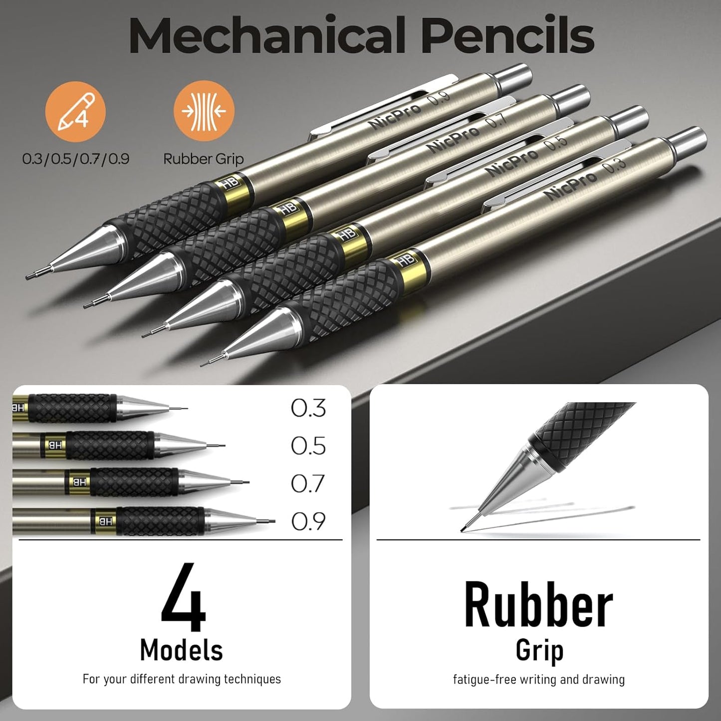 Nicpro 37PCS Gold Art Mechanical Pencil Set, 4PCS Metal Drafting Pencil 0.3/0.5/0.7/0.9 mm & 2PCS 2mm Lead Holder (6B 4B 2B HB 2H 4H) School Supplies for Sketching Drawing with 23 Tube Lead Refills