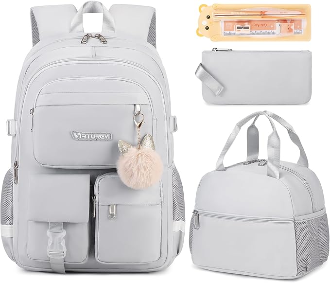 3PCS School Backpack For Student Women College Middle High Teen Girls Bookbag Waterproof Laptop Bag Grey