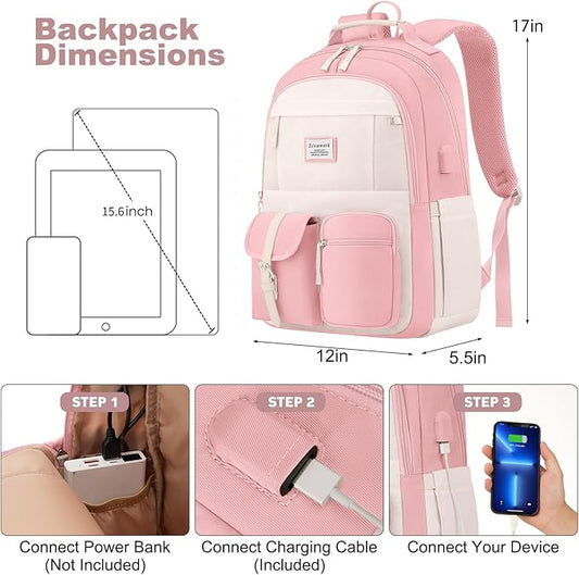 School Backpack BookBag for Teen Girl: 15.6 Inch Cute Laptop Backpacks for Middle High School Casual College Back Packs with USB Charging Port Aesthetic Daypack Travel Book Bag for Kids Students Women