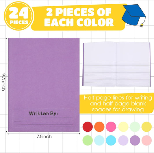 Henoyso 24 Pcs Primary Composition Notebook K-2 9 3/4 x 7 1/2 Inch Primary Journal, Back to School Supplies, Bulk Blank Writing Book for Kid to Write Draw Journal 60 Page Notebooks (Multicolored)