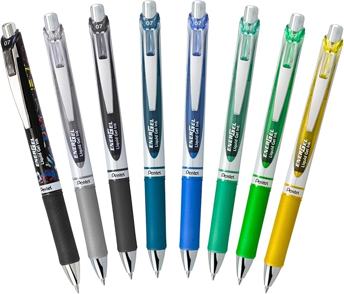 Pentel EnerGel RTX Retractable Liquid Gel Pen, Scholar Expressions Pack, 0.7mm, Metal Tip, Medium Line,Assorted Ink, Pack of 8 Pens (BL77XLEFBP8M)