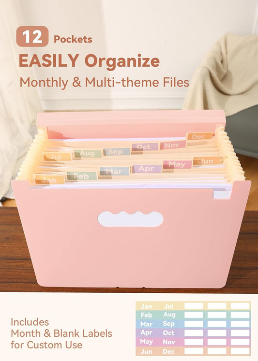 Accordion File Organizer 12 Pockets, Monthly Bill Receipt Tax Organizer, Expanding File Folders with Larger Bright Tabs, Fits Letter/A4 Size - Pink