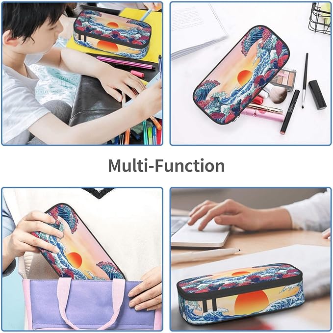 Japanese Ocean Waves Large Pencil Case With Zipper Compartments Stationery Pencil Bag For Kids Teens Students School Supplies