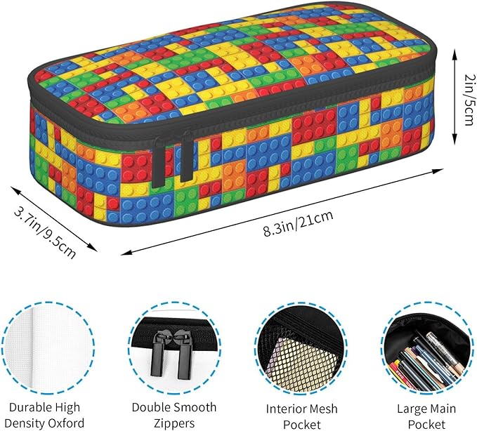 Colorful Bricks Large Pencil Case With Zipper Compartments Stationery Pencil Bag For Kids Teens Students School Supplies