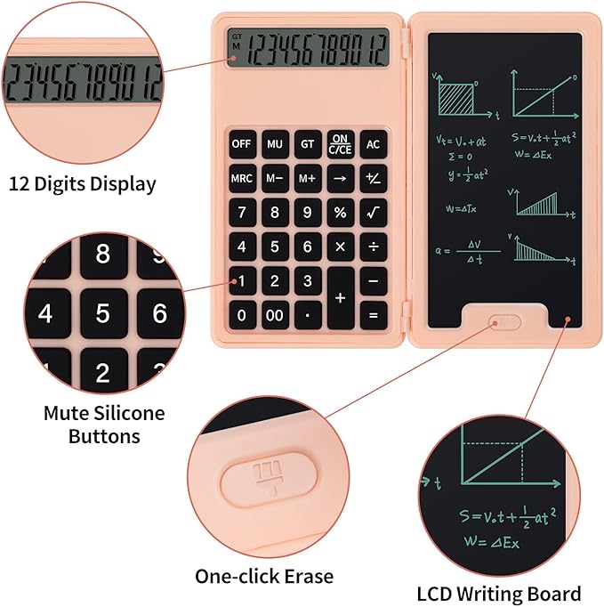 Desk Portable Basic Calculator with Notepad and Stylus, 12 Digit Large Display Multi-Function for Office, School, Home & Basic Financial (Pink)