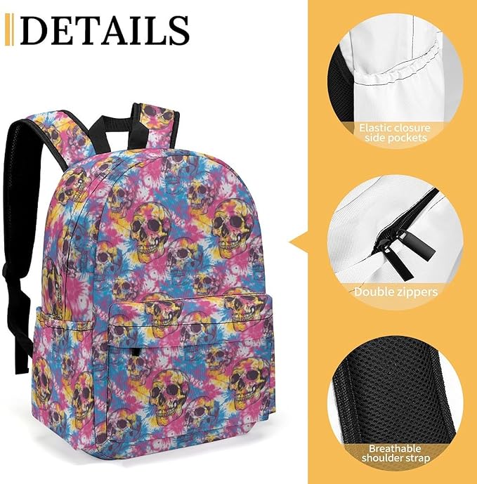 17 Inch Laptop Backpack 70s Tie Dye Skull Design Teen Girls Boys School Backpack Bags Travel Bookbag Back Pack Outdoor Daypack for Women Men