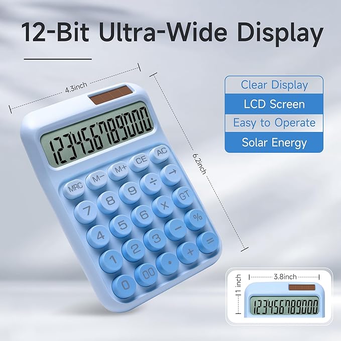 Desk Calculator,12 Digits, Large LCD Display,Big Buttons,Solar and Battery Dual Power Desktop Calculators,Cute and Aesthetic (Ombre Blue, M)