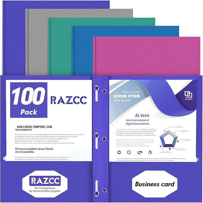 Two Pocket Folders, RAZCC 100 Pack Two Pocket with Prongs, 3 Prong Pocket Folders Letter Size, Paper Folders with Prongs for School Office Home Business, Assorted 5 Colors