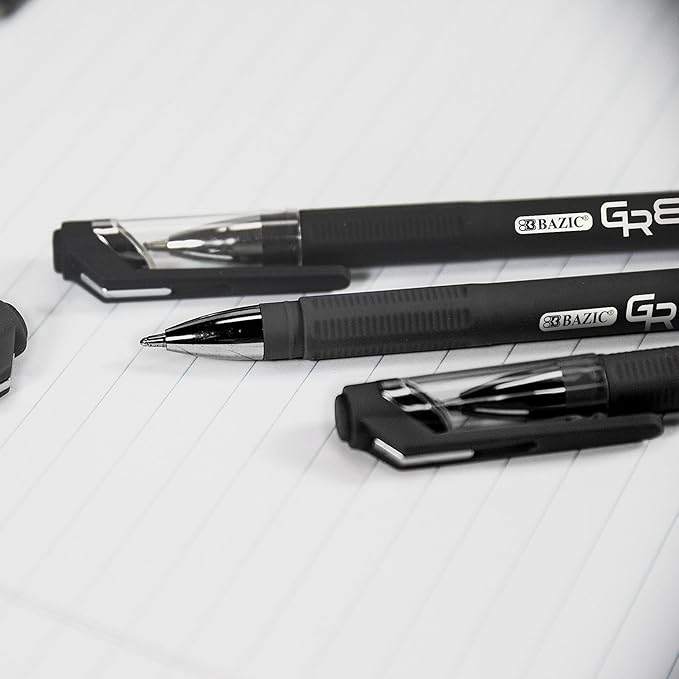BAZIC Oil Gel Fuse Tech Ink Pen, GR8 Black Color w/Rubberized Barrel, 0.7 mm Medium Point Smooth Writing, for Office School (3/Pack), 24-Pack