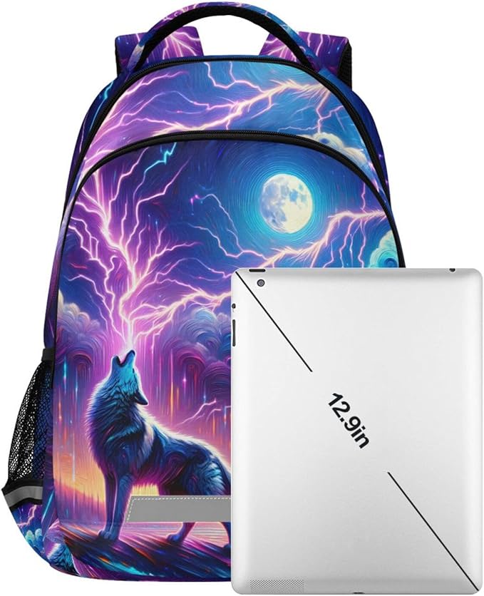 Wolf Howling Moon Lightning Backpack for Boys Girls Elementary School Bag Kids Bookbag Travel Rucksack