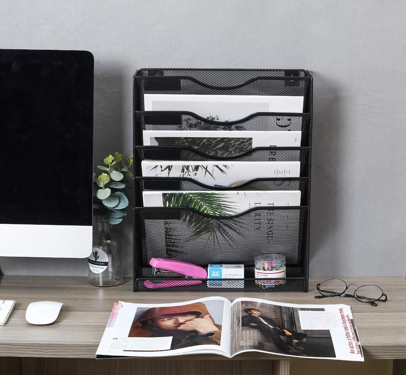 EasyPAG 5-Tier Wall File Holder, Mesh Hanging Folder Organizer with Classify Label, Versatile Desk File Organizer for Office Home, Space-Saving Vertical Wall Mounted Mail Paper Sorter, Black