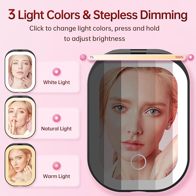 Benbilry Lighted Compact Travel Mirror with 3 Color Lights, 1X/3X Magnifying Ultra Slim Rechargeable Pocket Mirror for Purse, 2-Sided, Handheld, Folding, Portable, Black