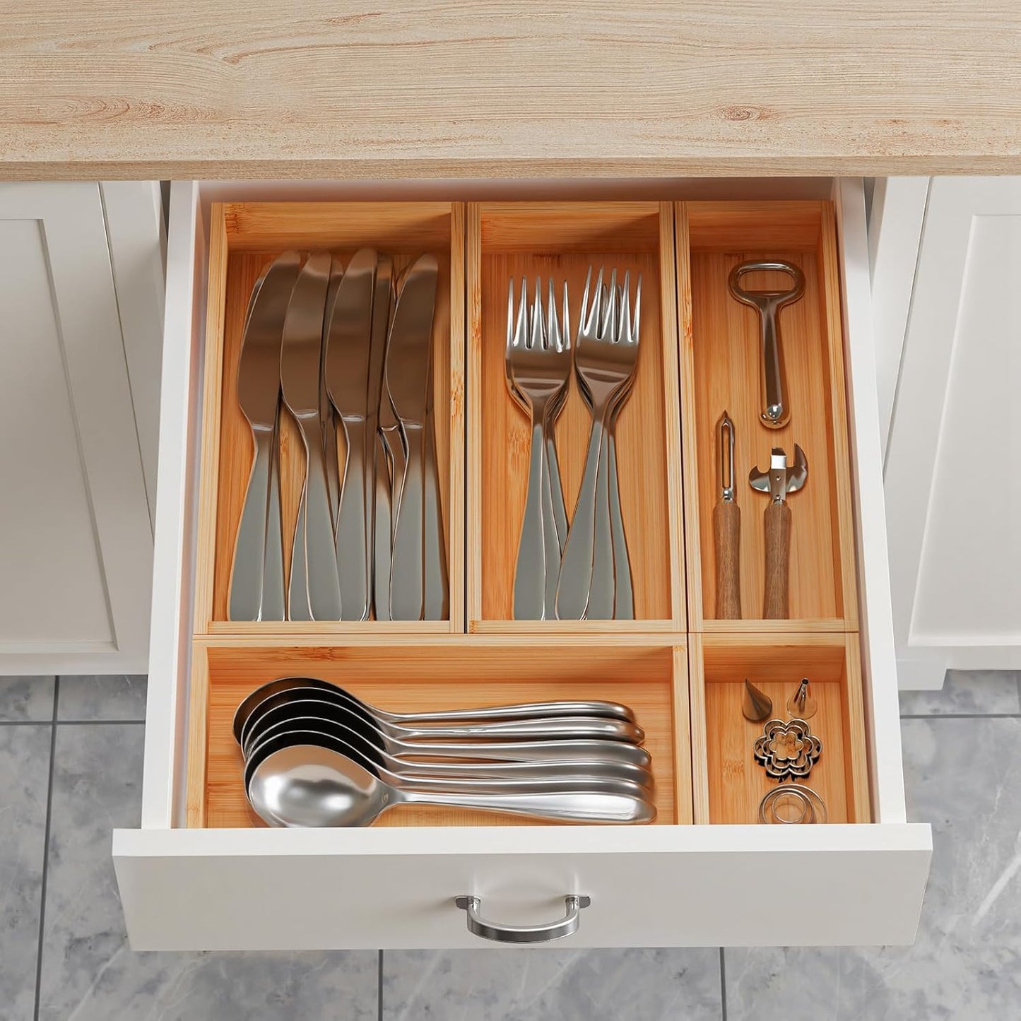 Bamboo Drawer Organizer Set, 5 PCS Wooden Storage Trays for Kitchen, Bathroom, Office, Makeup