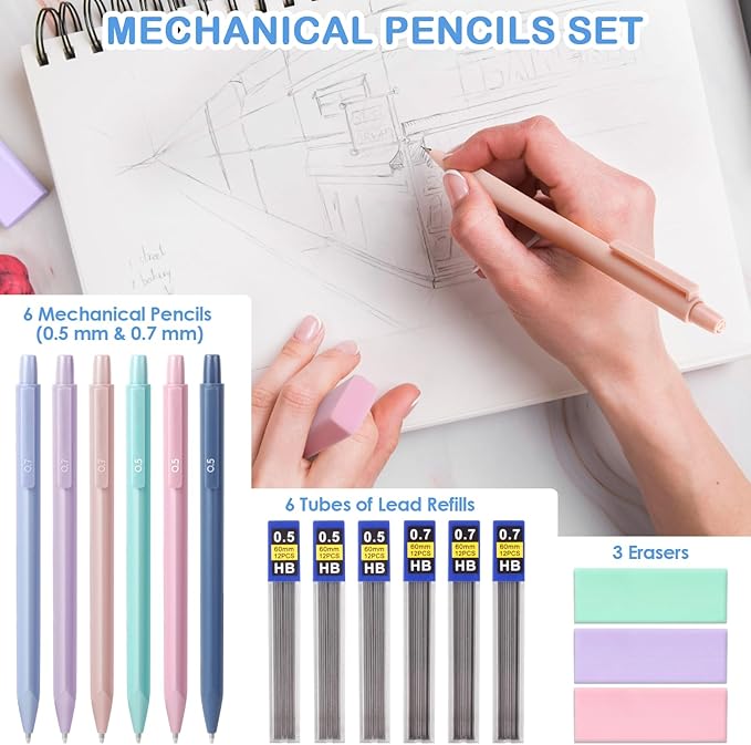 54 PCS Aesthetic School Supplies, Stationery Essentials Set with Large Pen Case, Mechanical Pencils & Black Ink Gel Pens with Refills, Markers, Erasers, Highlighters, Sticky Notes, Correction Tapes