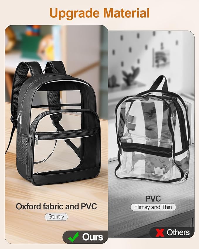 Clear Backpack, Heavy Duty Transparent Bookbag for School, Fabric & PVC Transparent Backpack with Reinforced Strap for Women Men, Capacity Clear Bag for College, Medium Black