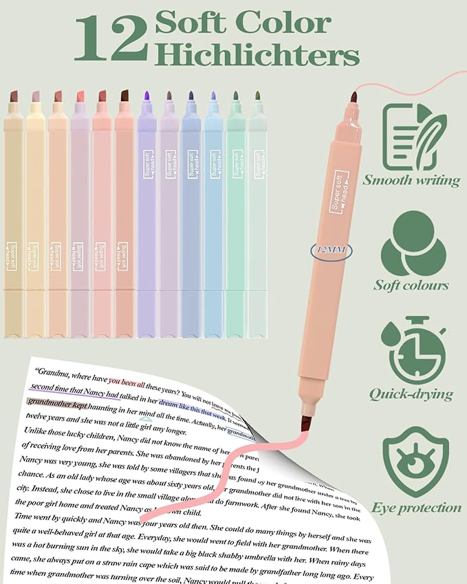 54PCS Aesthetic School Supplies with Large Pencil Case,12 Pastel Highlighters,5 Black & 6 Color Ink Gel Pens, 6-in-1 Ballpoint Pen,5 Mechanical Pencils 0.5-2.0mm Student Essentials (Green)