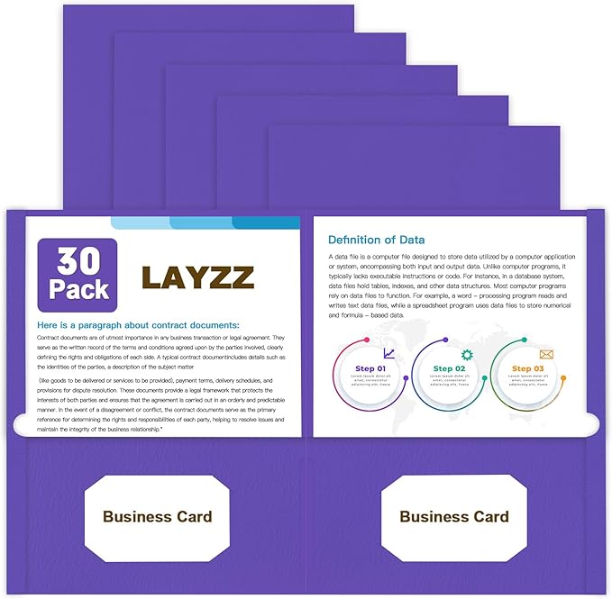 Folders with Pockets, LAYZZ 30 Pack Paper Pocket Folders, 2 Pocket Folders Fits Letter Size Paper, for School Office and Home (Purple)