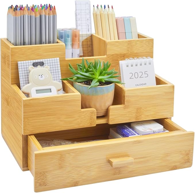 Bamboo Desk Organizer - Makeup & Pen Storage with Drawer & Pencil Holder for Office Organization