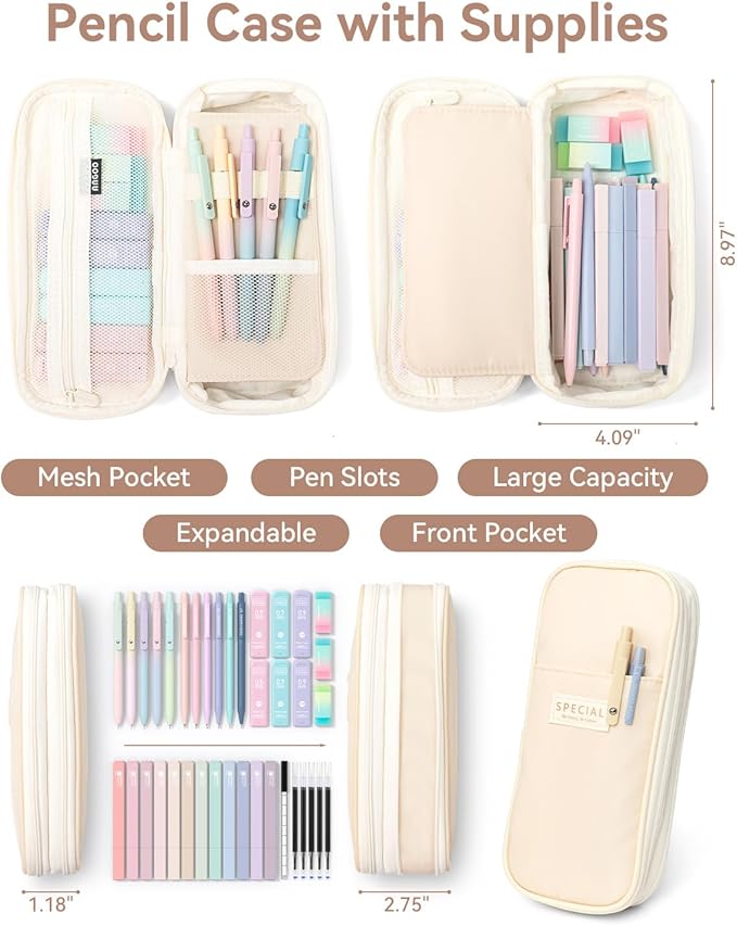 Four Candies 39 PCS Cute School Supplies with Pen Case for Girls - 5 Black Ink Gel Pens, 12 Pastel Highlighters, 6 Aesthetic Mechanical Pencils Set for Stationary College Essentials (Cream)