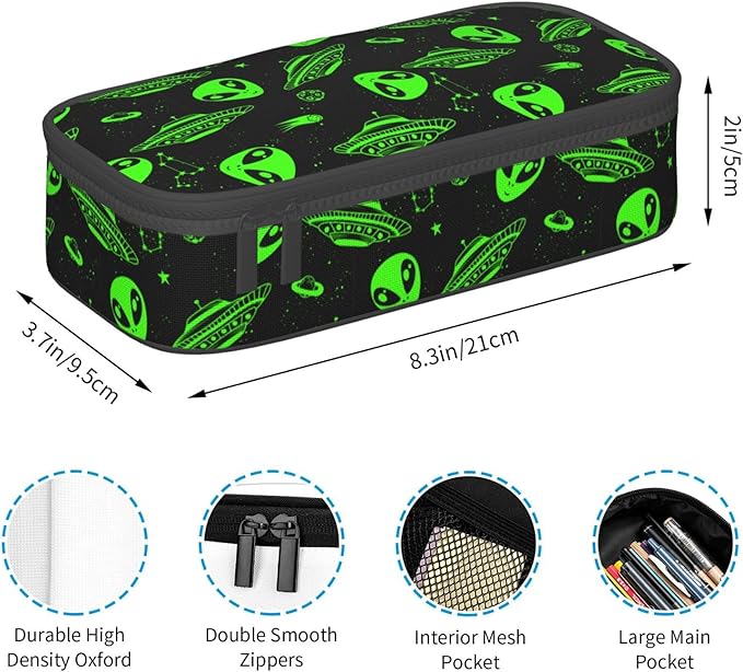 Green Ufo Alien Star Large Pencil Case With Zipper Compartments Stationery Pencil Bag For Kids Teens Students School Supplies