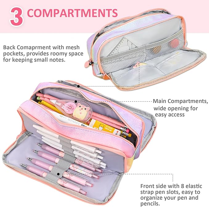 Glitter Rainbow Pencil Case for Girls, Large Capacity Pencil Pouch Pen Bag Organizer with 3 Compartments for Kids Students School Office Supplies Back to School Gifts