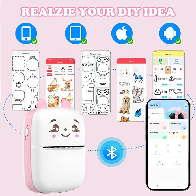 Mini Sticker Printer, Inkless Sticker Printer with 5 Rolls Pape, Bluetooth Smart Pocket Compatible with iOS & Android, Portable Thermal Printer for PicturesRetro-Style Photos(Pink)