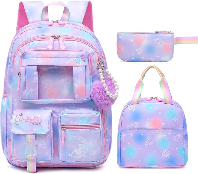 Sweet Girls Backpack - Stylish Splash-resistant School Bag with Multiple Pockets & Trendy Laptop Compartment（17inch Set Purple）