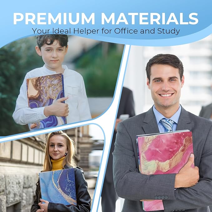 6 Pack Marble Design File Folders with Pockets - Plastic Folder with 2 Pockets & a Business Card Holder, Durable File Folders for Documents, School, Office & Home (Folder with Pockets (with Prong))
