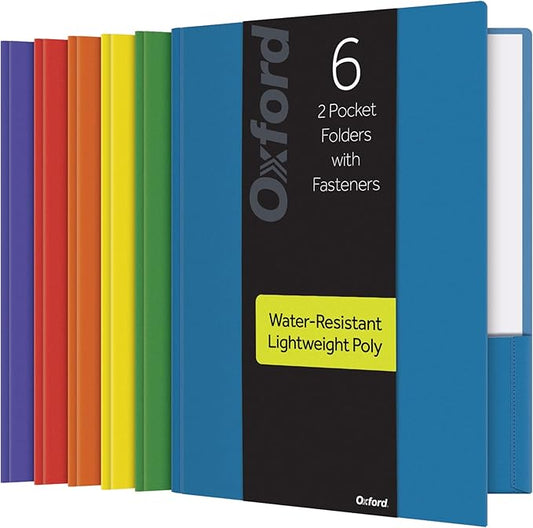 Oxford 2 Pocket Folders with Fasteners, Sturdy Plastic Folders, Letter Size, Asstd. Colors (Blue, Green, Yellow, Orange, Red, Purple), 6 Pack (13189)