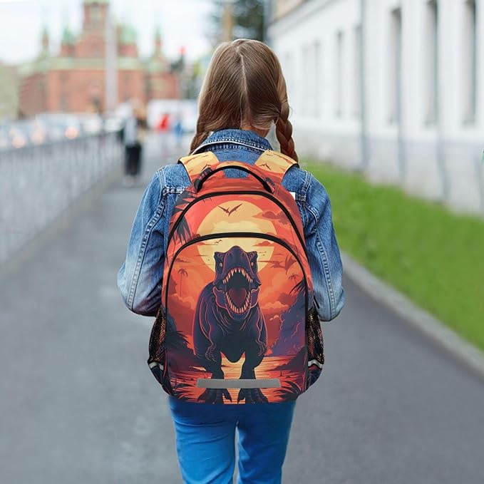 Dinosaur Sunset Backpack for Boys Girls Elementary School Bag Kids Bookbag Travel Rucksack