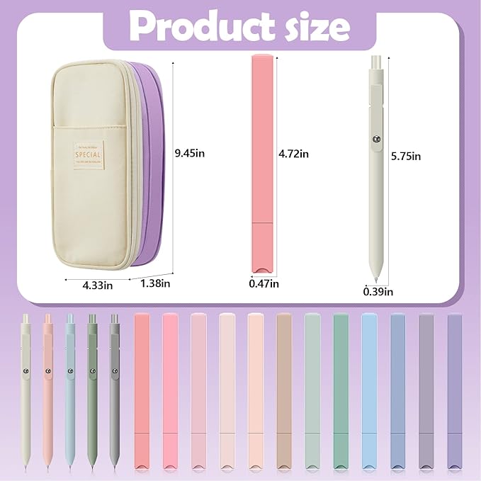 Henoyso 18 Set Aesthetic School Supplies Include Big Capacity Study Pen Bag with Zipper 12 Pcs Chisel Tip Bible Highlighters 5 Pcs Quick Dry Retractable Black Ink Pens for Student Office(Purple)