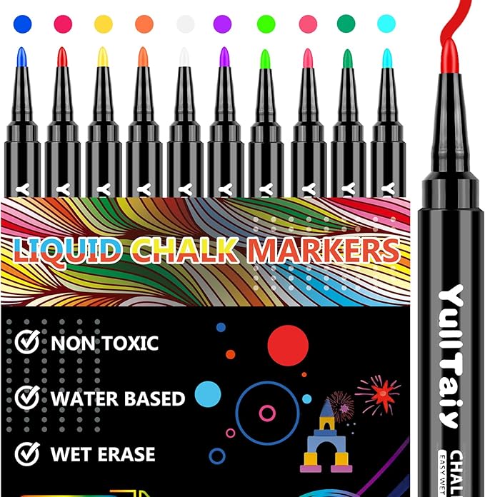 Liquid Chalk Markers for Acrylic Calendar Planning Board, Dry Erase Board Whiteboard, Glass, Mirror, 1mm Fine Points, Easy Wet Erase (10 Color)