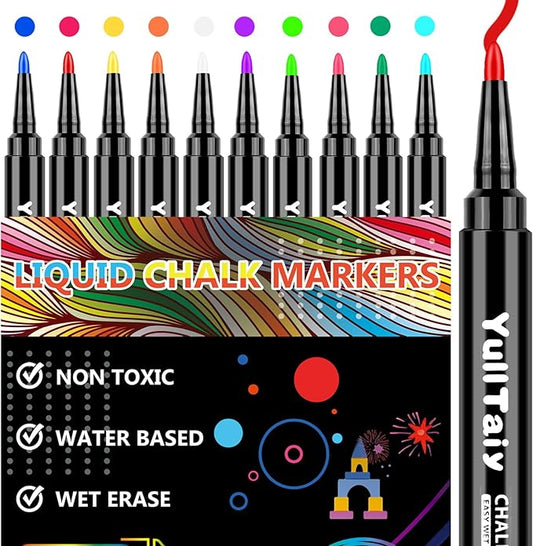Liquid Chalk Markers for Acrylic Calendar Planning Board, Dry Erase Board Whiteboard, Glass, Mirror, 1mm Fine Points, Easy Wet Erase (10 Color)