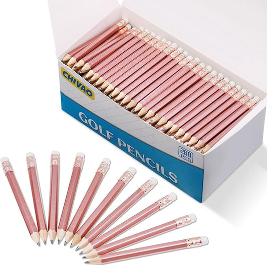 Chivao 288 Pieces Golf Mini Pencils Bulk with Eraser #2 HB Golf Short Pre Sharpened Pencils for Party Favors Office Supplies 4 Inch (Rose Gold)