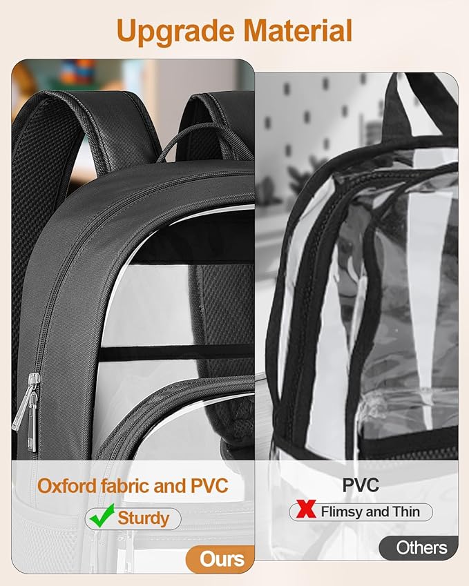 Clear Backpack, Heavy Duty Transparent Bookbag for School, Fabric & PVC Transparent Backpack with Reinforced Strap for Women Men, Capacity Clear Bag for College, Travel, Security, Black