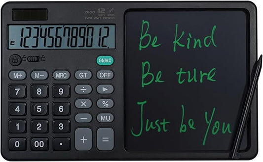 Desk Calculator Large Display with 7'' Erasable Writing Pad, 12 Digits Large Screen Display Jumbo Calculadora, Solar & Battery Powered Big Button Calculators for Business Office School, Black
