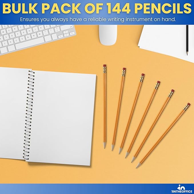 1InTheOffice Pre Sharpened Pencils #2, Pencils with Eraser, 2 HB, Wood-Cased, Black Lead, Yellow Barrel (144)