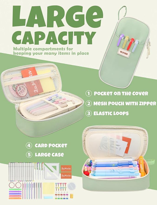 SUNEE Cute Pencil Case, Aesthetic Pen Pouch, Colored Large Pencil Bag with Zipper, Kawaii Stationery Storage and Organizer, Green School Supplies for Teen and Adult Girls