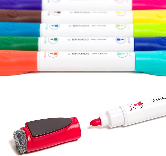U Brands Fine Tip Dry Erase Markers with Eraser, Magnetic Double Ended Whiteboard Markers, Low Odor, Assorted Bright Colors, Set of 6