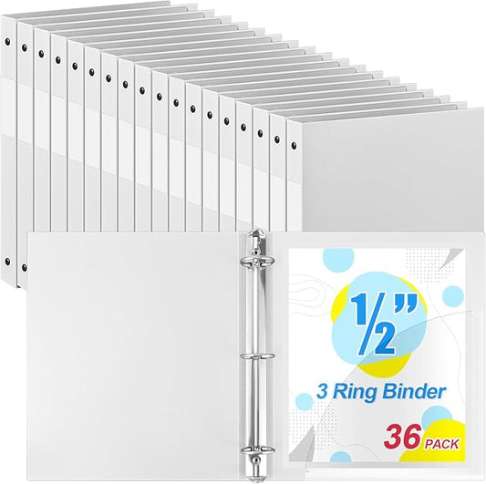 Henoyso 36 Pcs 3 Ring Binder 1/2'' Round Fits Letter Size 8. 5'' x 11'' Paper Plastic Flexible Binder Holds 100 Sheets with 1 Pockets Versatile Organizer for Office Home School (White)