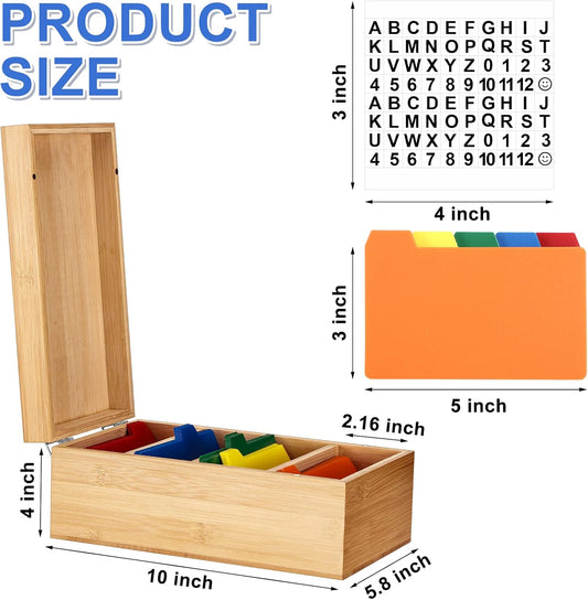 Henoyso 3 x 5 Inches Index Card Holder Set, Bamboo Recipe Box Organizer Index Cards Organizer, 50 Pcs Dividers 2 Sheets Alphabet Number Stickers File Note Holders for Office Business Home Kitchen
