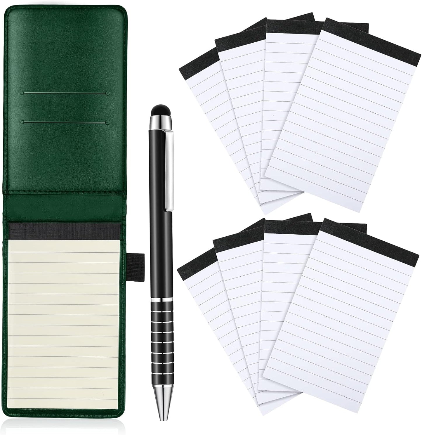 Outus 10 Pcs Pocket Notebook with Pen Set Included Mini Pocket Notepad Holder with 50 Lined Sheets, Metal Pen, 8 Pcs 3 x 5 Inch Memo Book Refills, 30 Lined Paper Per Note Pad (Green)