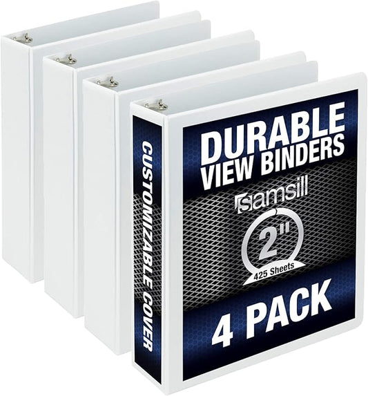 Samsill Durable 2 Inch Binder, Made in the USA, Round Ring Customizable Clear View Binder, White, 4 Pack (MP48467)